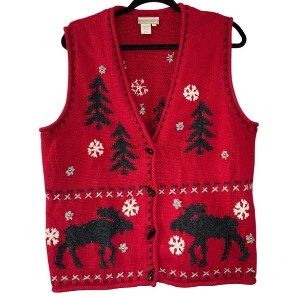 Coldwater Creek Red Moose Snow Christmas Holiday Vest Wool Women’s 1X Winter - Picture 1 of 11